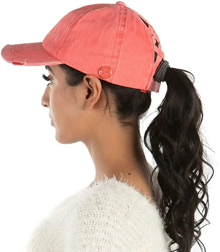 Criss Cross Ponytail Cap w/ Buttons Coral NEW