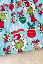 Load image into Gallery viewer, Blue Green Grinch &amp; Cindy Lou Print Twirl Dress close up.