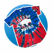 Load image into Gallery viewer, Red White &amp; Blue Tie Dye Tshirt adutl size with Let&#39;s go Buffalo on front in white.
