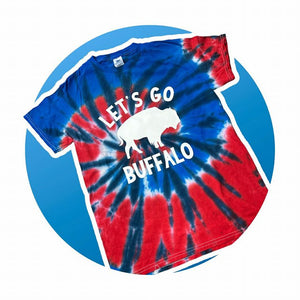 Red White & Blue Tie Dye Tshirt adutl size with Let's go Buffalo on front in white.