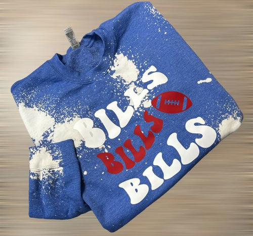 Royal Blue & White Bleached Dyed crewneck sweatshirt with Bills, Bills, Bills on front in white & red lettering. 