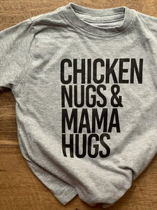 Chicken Nugs & Mama Hugs heather gray kids tshirts handmade front view