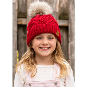 Kids Red Cable Knit Pom Hat NEW