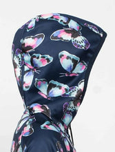 Load image into Gallery viewer, Girl&#39;s Navy pink &amp; purple Butterfly Print waterproof Raincoat hooded. Perfect for spring and rainy days.