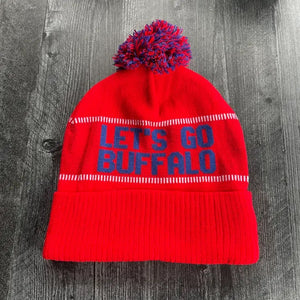 Let's Go Buffalo knit pom pom adult size beanie hat red & blue