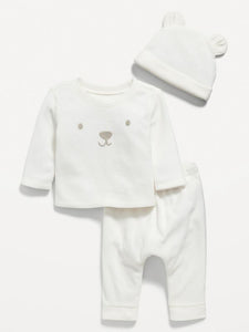 Baby Layette 3 piece set with fleece top, pants, and hat.  Bear face embroidred on front.