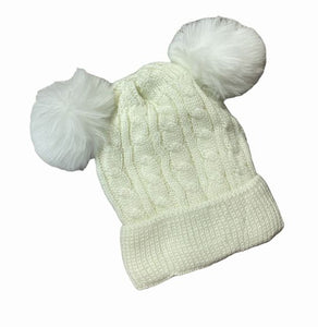 Children's velour lined double pom pom knit hat in white