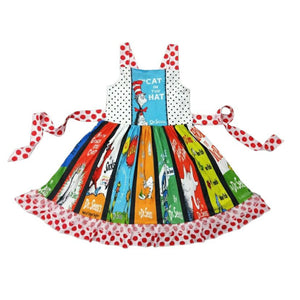 red colorful Dr Seuss theme twirl dress that ties in back.