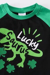 Black Green Lucky Saurus Dinosaur St. Patrick's St. Patty's Day Tshirt size 3 close up.