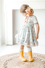 Load image into Gallery viewer, Blue Pink Bunny Eyelet Twirl Dress Easter with ruffles.