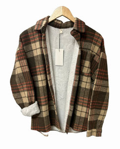 Brown Plaid lined shacket buttons up front