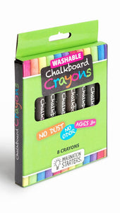 washable chalkboard crayons from Imagination Starters. No smear and easy wipe off with wet wipe! No dust or ordor!