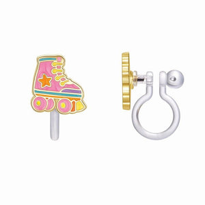 Pink roller skates clip on earrings side view