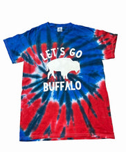 Load image into Gallery viewer, Red White &amp; Blue Tie Dye Tshirt adutl size with Let&#39;s go Buffalo on front in white. Available in sizes small - 3xl.