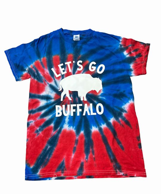 Red White & Blue Tie Dye Tshirt adutl size with Let's go Buffalo on front in white. Available in sizes small - 3xl.