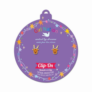 Brown Reindeer Clip on Earrings on tag card