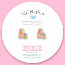 Load image into Gallery viewer, Pink roller skates clip on earrings on card tag