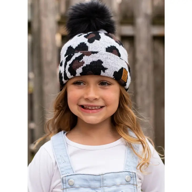 White Black Cow Print Pom Hat ~ Kid's Beanie Hat NEW