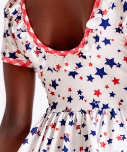 Gingham Red White Blue Stars Ruffle Twirl Dress with Pockets sz 8/10 NEW