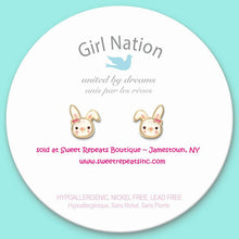 Load image into Gallery viewer, Bouncy bunny lead free clip on earrings on tag card.  