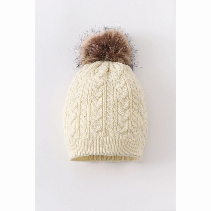 cream cable knit pom pom hat for children ~ cream hat with brown pom pom
