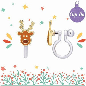 Brown Reindeer Clip on Earrings