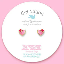 Load image into Gallery viewer, Girls Pink Fuchsia Heart Valentine&#39;s Day Clip on Earrings on tag card.