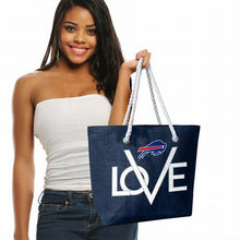 Load image into Gallery viewer, Buffalo Bills woven LOVE Bills tote navy &amp; white model holding it