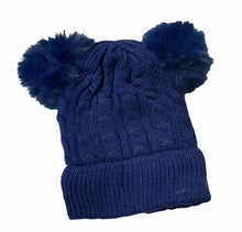 Load image into Gallery viewer, Children&#39;s velour lined double pom pom knit hat in navy