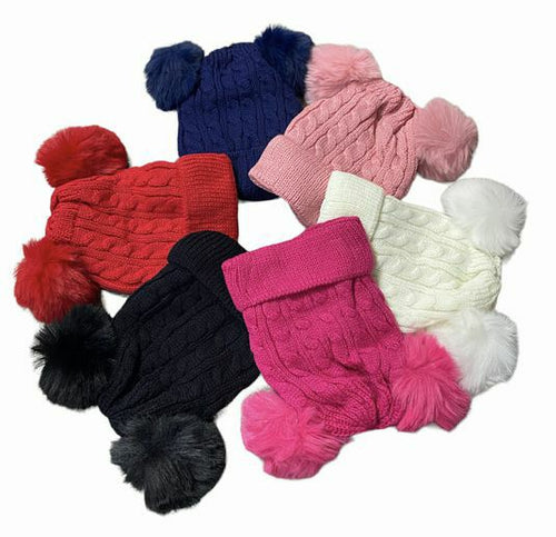 Children's velour lined double pom pom knit hats in various colors