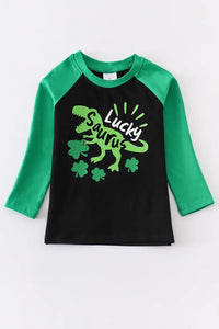Black Green Lucky Saurus Dinosaur St. Patrick's St. Patty's Day Tshirt size 3.