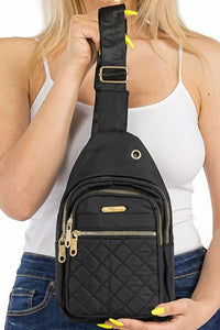 Quilted Black Sling Cross Body Bag front view