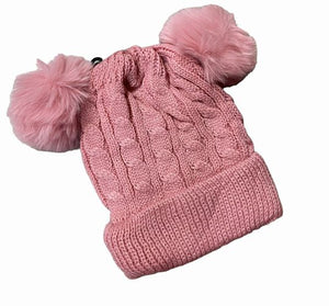 Children's velour lined double pom pom knit hat in pink