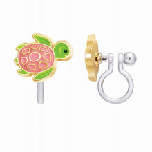Load image into Gallery viewer, pink &amp; green turtle clip on earrings for girls