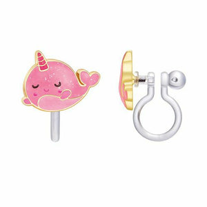 Pink glitter narwhal silicone back clip on earrings. 