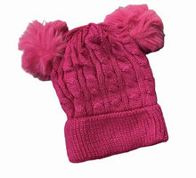 Load image into Gallery viewer, Children&#39;s velour lined double pom pom knit hat in fuchsia