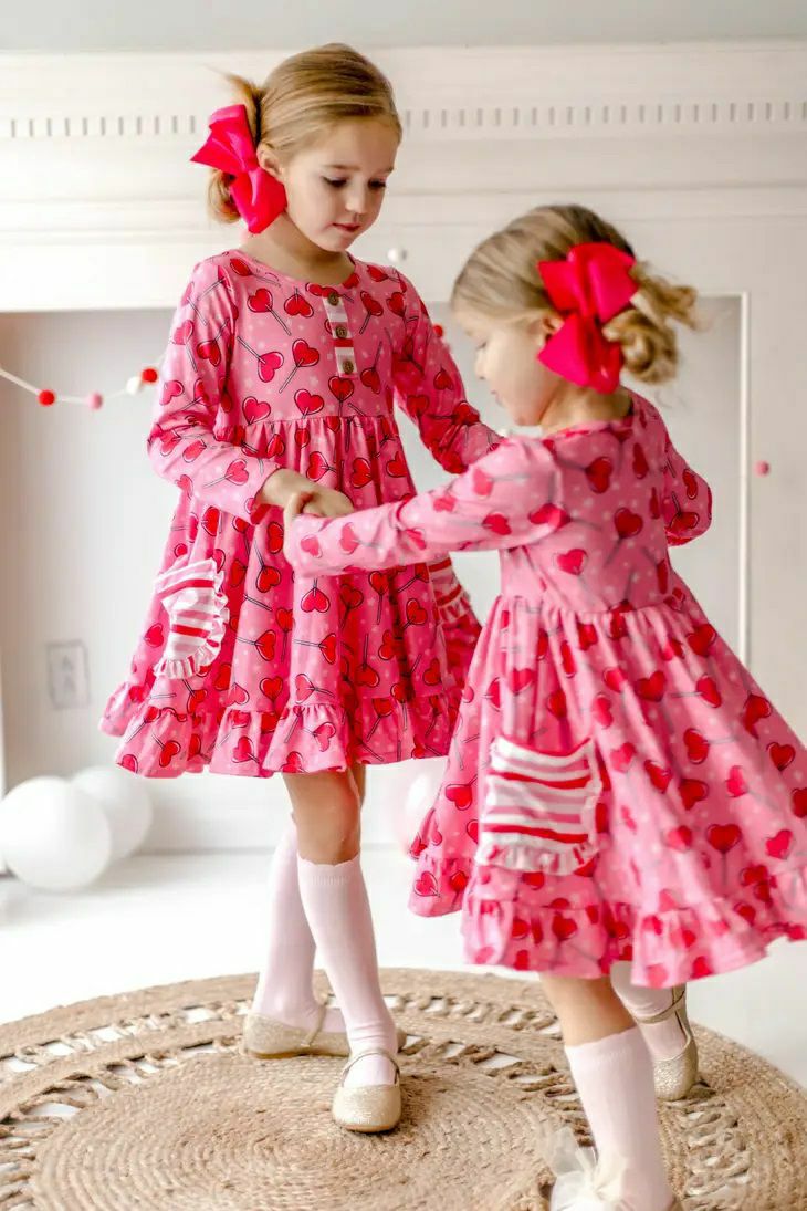 Pink Heart Suckers Print ruffle Twirl Dresses for girls with pockets.