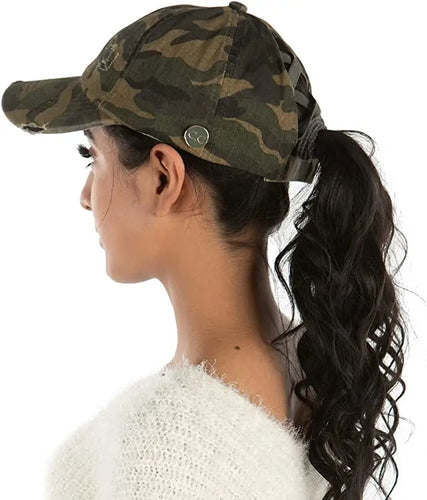 Camo Criss Cross Ponytail hat with sunglass holder buttons