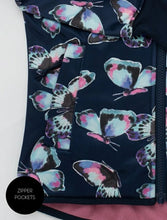 Load image into Gallery viewer, Girl&#39;s Navy pink &amp; purple Butterfly Print waterproof Raincoat with zipper pockets.