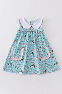 Teal white collar with pink gingham trim farm print dress for kids. Cow Dress.