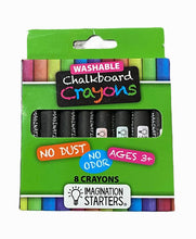 Load image into Gallery viewer, washable chalkboard crayons from Imagination Starters. No smear and easy wipe off with wet wipe! 8 pack.