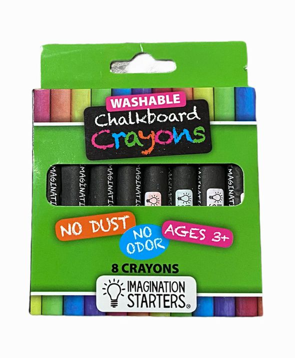 washable chalkboard crayons from Imagination Starters. No smear and easy wipe off with wet wipe! 8 pack.