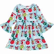 Load image into Gallery viewer, Blue Green Grinch &amp; Cindy Lou Print Twirl Dress.