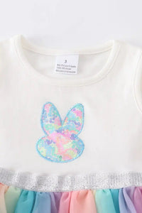 Pastel Easter Bunny sequin tulle dress for girls bodice with sequin rabbit silhouette