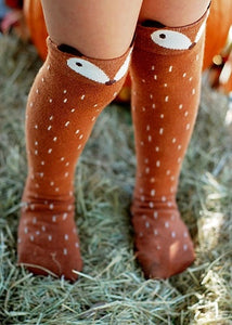 Girls Brown Fox Knee Tube Socks fits toddler to big girls