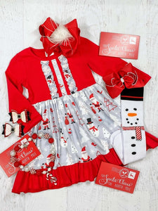 Red Gray Snowman theme ruffle twirl dress for girls.