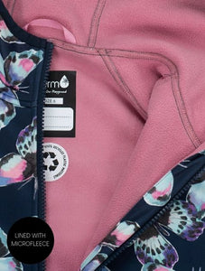 Girl's Navy pink & purple Butterfly Print waterproof Raincoat that is pink fleece lined. Perfect for spring & rainy days.