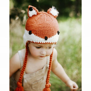 Hand knit orange cream fox baby hat with braided ties and ear flaps. 2 sizes. 0-6 months and 6-24 months. 