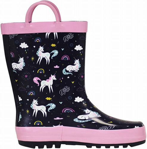 Navy Pink Unicorn Prink Waterproof Rain Boots with handles for kids. Stay dry in these fun boots!