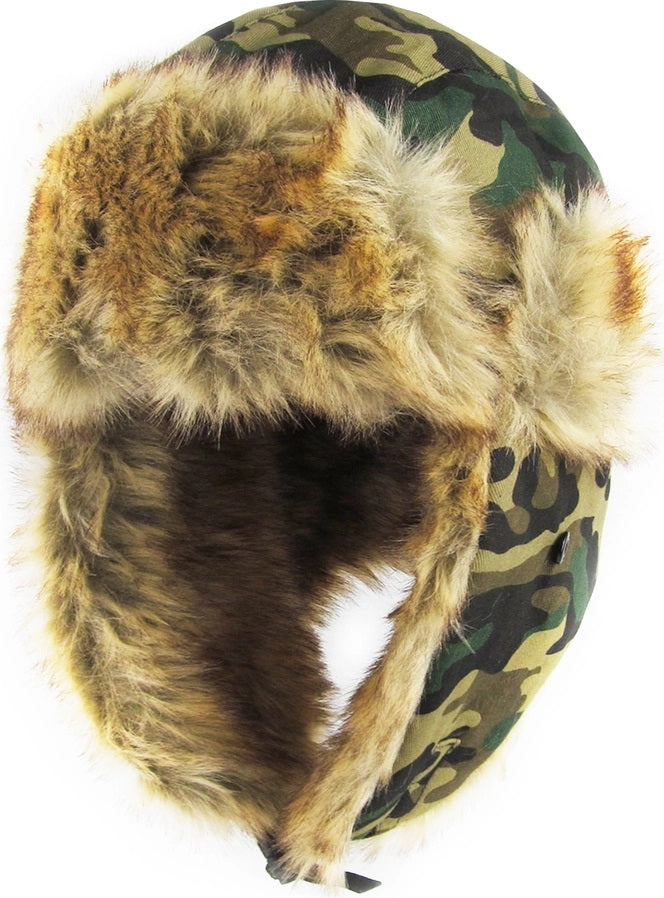 Warm Winter Trapper Hat Green Camo faux fur lined with ear flaps